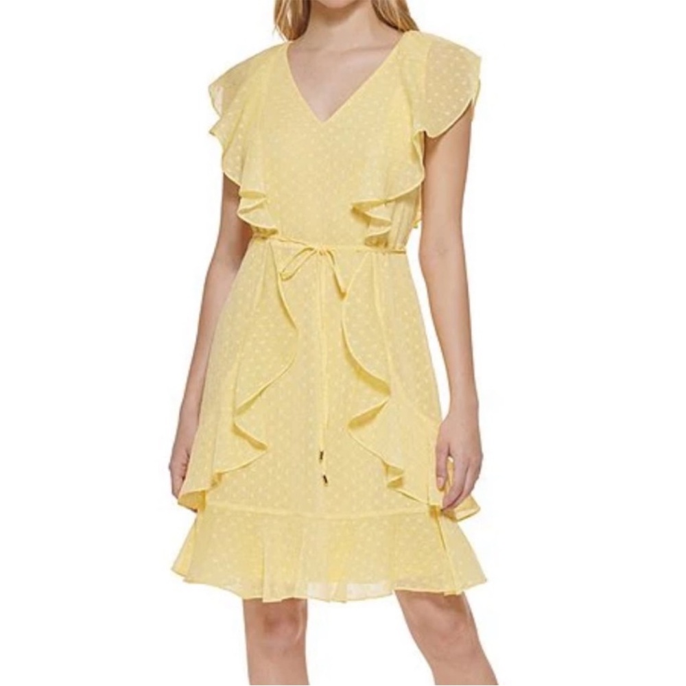 NWT Tommy Hilfiger Yellow Chiffon Ruffled Tie Waist Tiered Dress 14